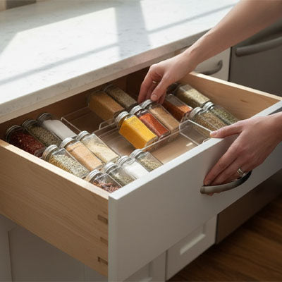 ADJUSTABLE KITCHEN SPICE DRAWER ORGANIZER 4-PIECE MODULAR SET | SPICEVAULT™
